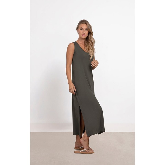 Sympli Women's Bamboo Reversible Maxi Dress Size L Slit Tank Olive Color NWT - Picture 3 of 4